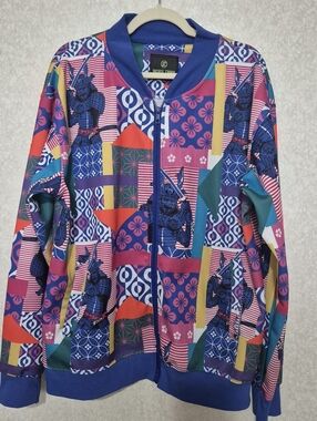 SACRED CROWN Colorful Geometric Bomber Jacket in Blue & Pink...SIZE:2X